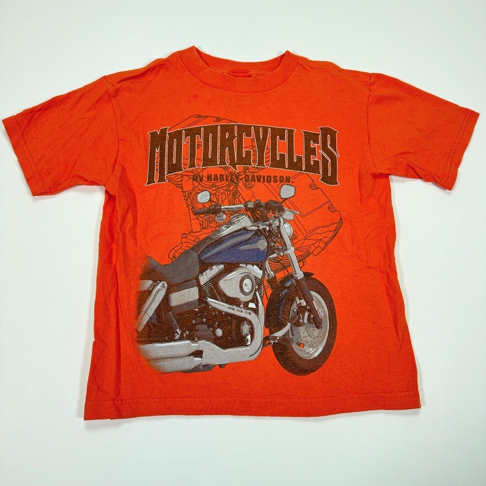 Harley-Davidson Boys 7 Orange Motorcycle Graphic T-Shirt Short Sleeve Cotton